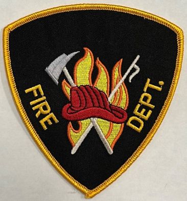 FIRE DEPT BLANK WITH CENTER FLAMES, AXE, POKER & FIRE HELMET SHOULDER PATCH.